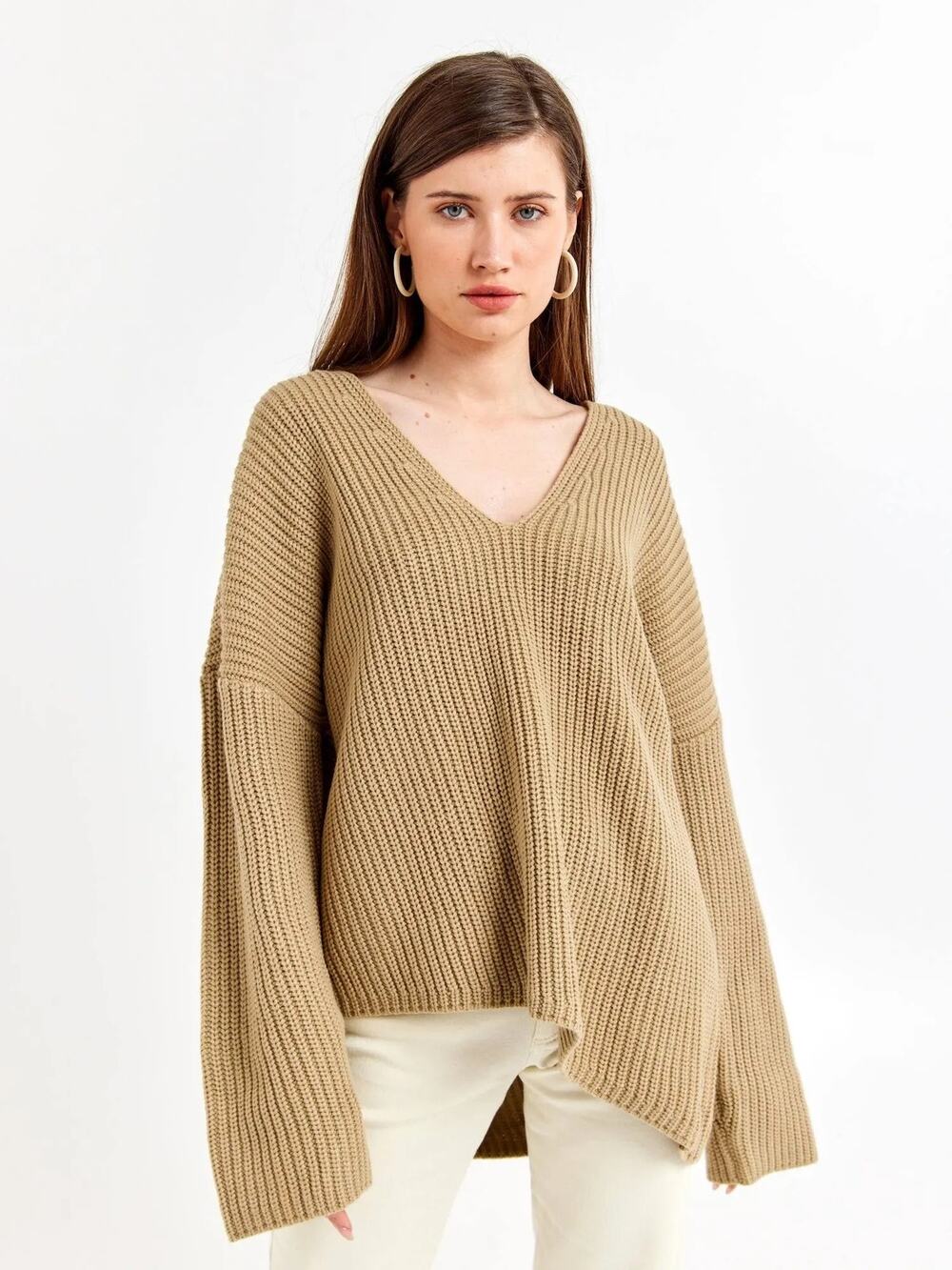 WeWoreWhat Brown Chunky Knit Plunge Neck Long Sleeve Pullover Sweater Top XS/S